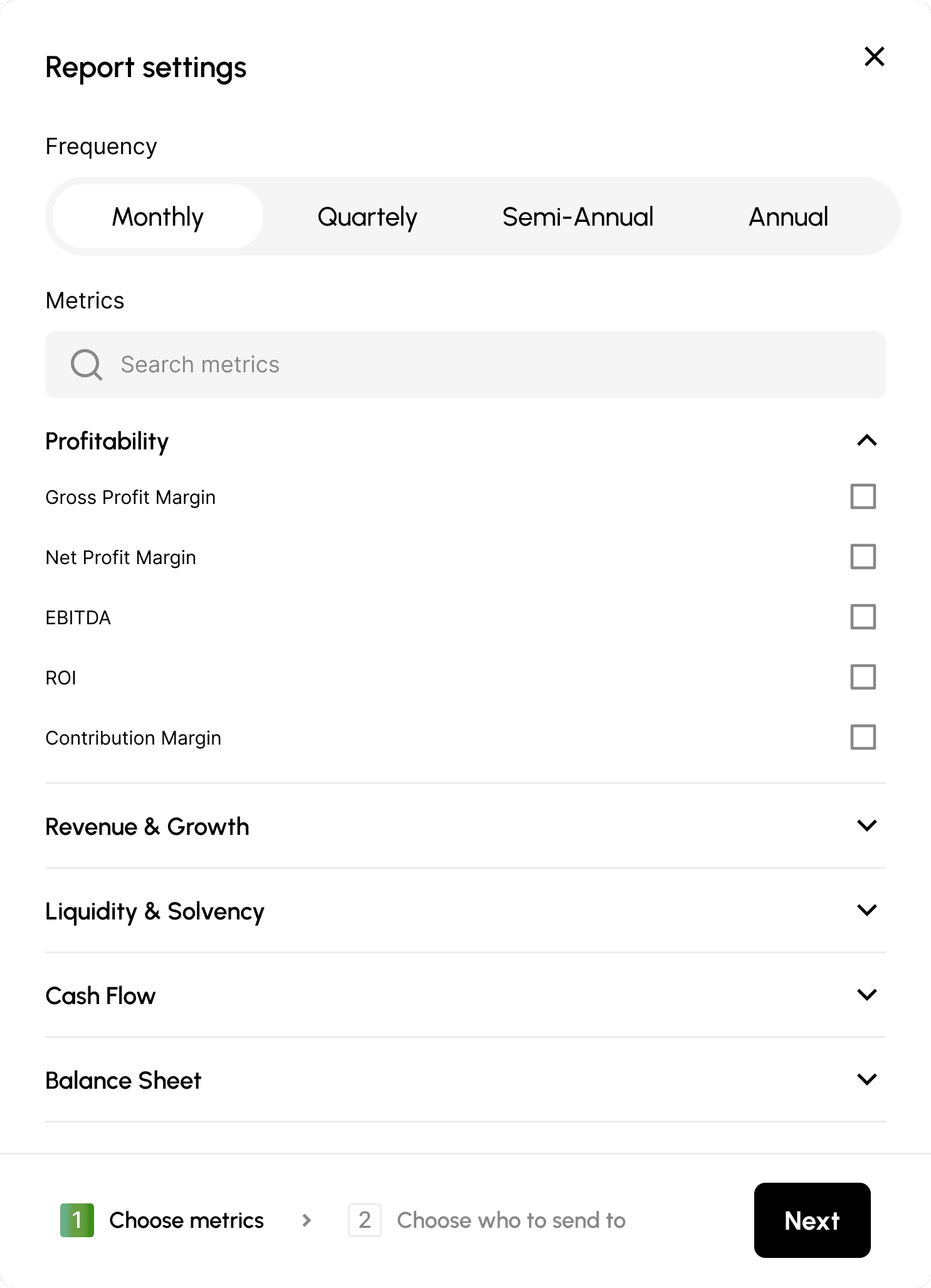Report settings panel